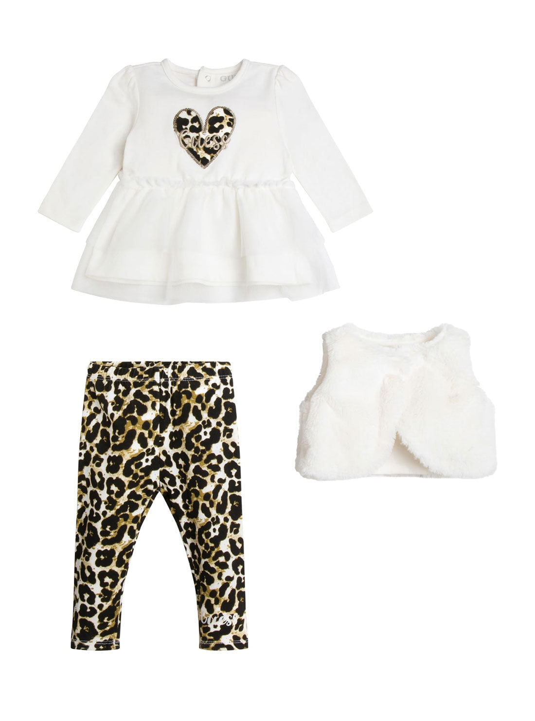 GUESS Baby Girl White Leopard Fur Vest T-Shirt And Leggings 3-Piece Set (3-18m) A2BG11WC910 Front View