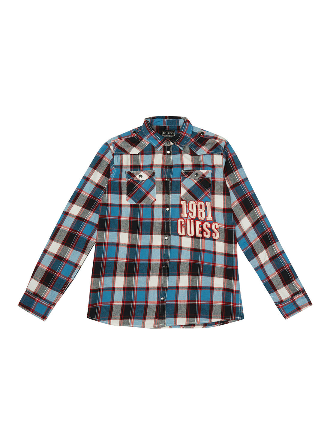 GUESS Big Boys Blue Red Check Logo Twill T-Shirt (7-16) L2RH01WDMF0 Front View