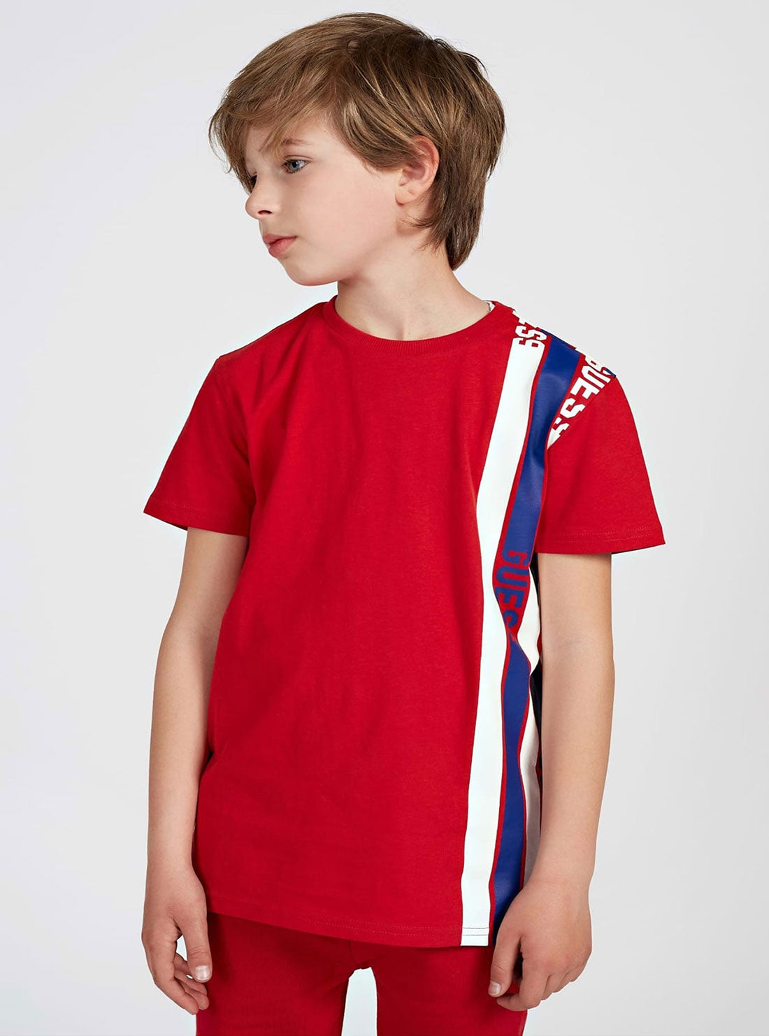 GUESS Big Boys Red Multi Striped Logo T-Shirt (7-16) L2RI31K8HM0 Model Front View
