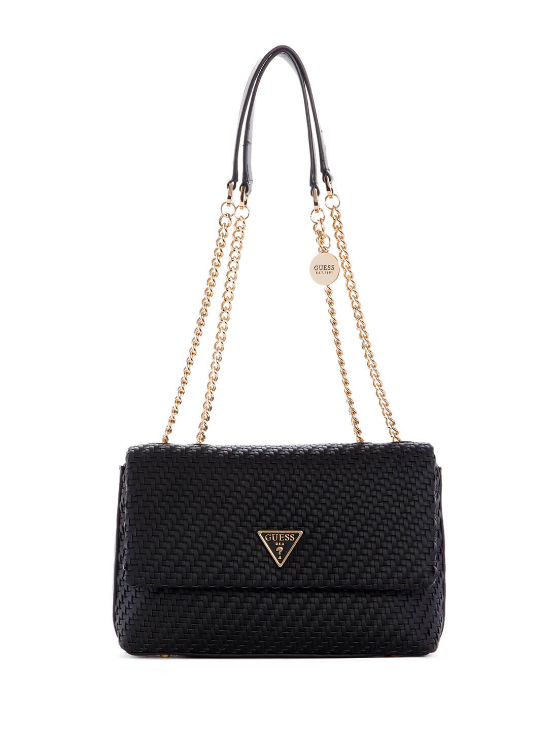 GUESS Womens Black Woven Hassie Convertible Crossbody VG839721 Front View