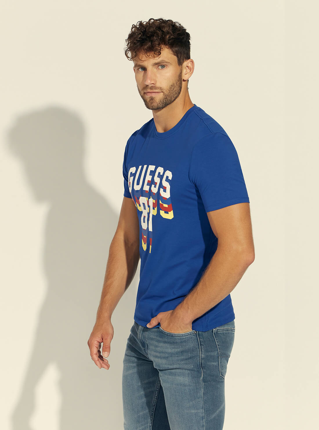 GUESS Mens Blue Dripping Logo T-Shirt M1BI37J1311 Side View
