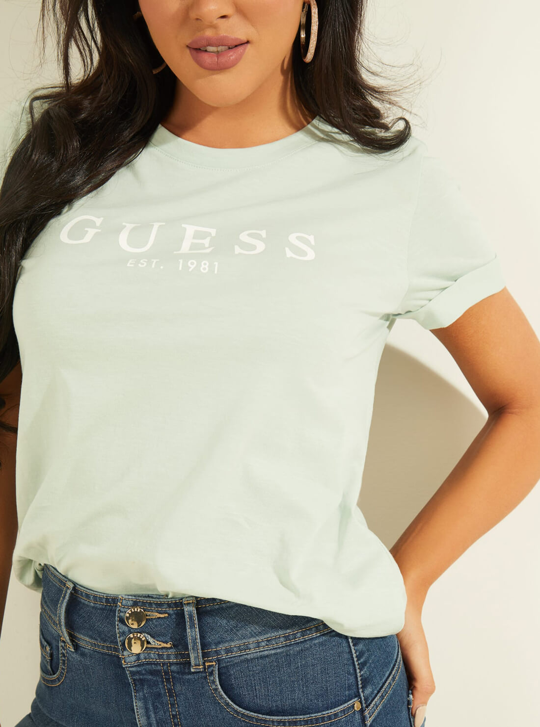 GUESS Womens Eco Light Teal Short Sleeve GUESS 1981 Rolled Cuff T-Shirt W0GI69R8G01 Detail View