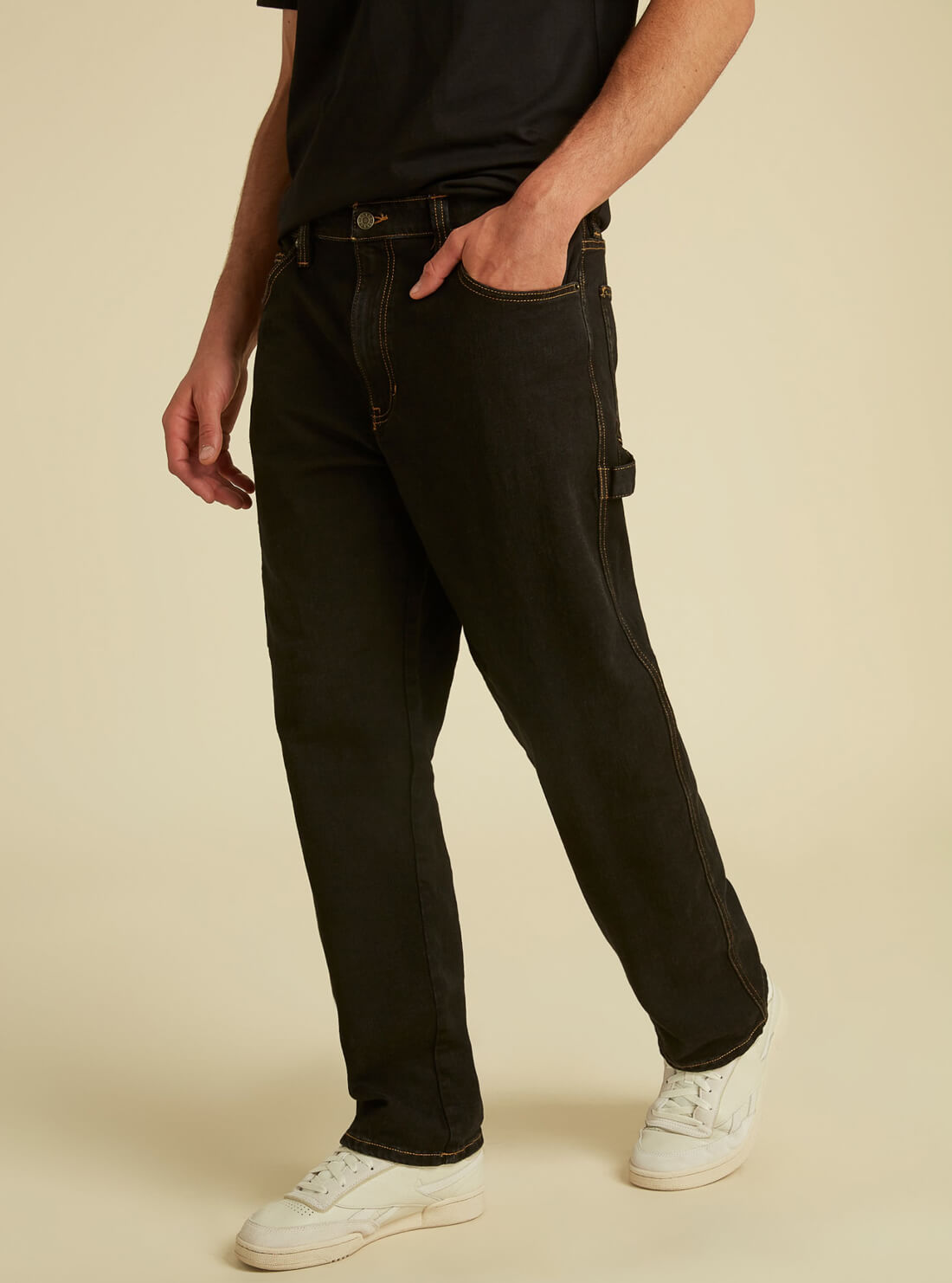 GUESS Mens GUESS Originals Straight Fit Carpenter Denim Jeans in Vintage Black Wash M1GA06R4AS0 Model Side View
