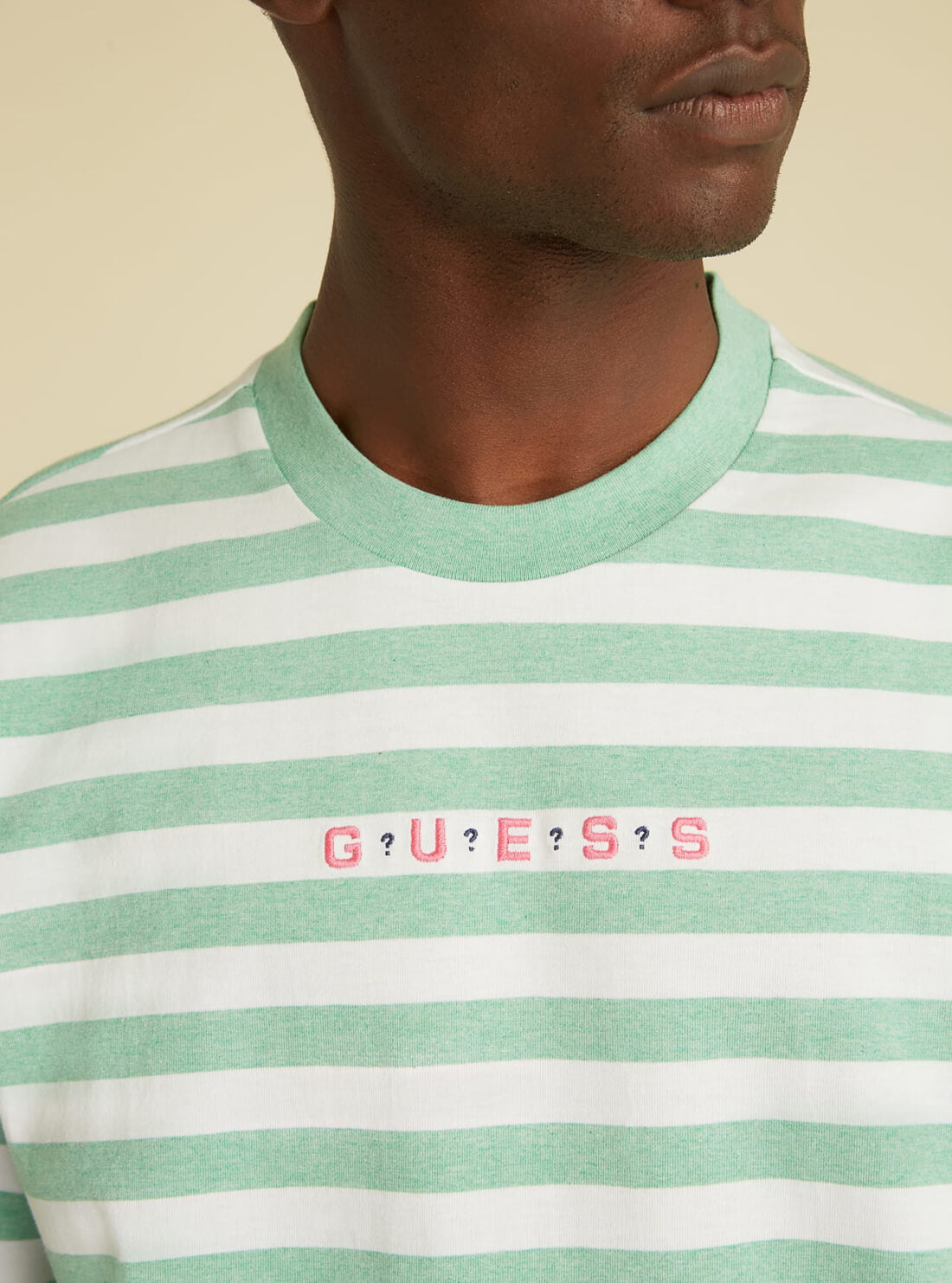 GUESS Mens GUESS Originals Green Striped Logo T-Shirt M1GI12RAGP0 Model Detail View