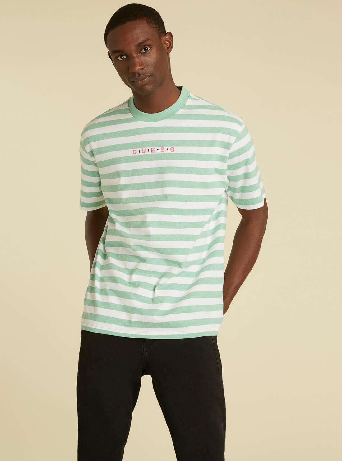 GUESS Mens GUESS Originals Green Striped Logo T-Shirt M1GI12RAGP0 Model Front View