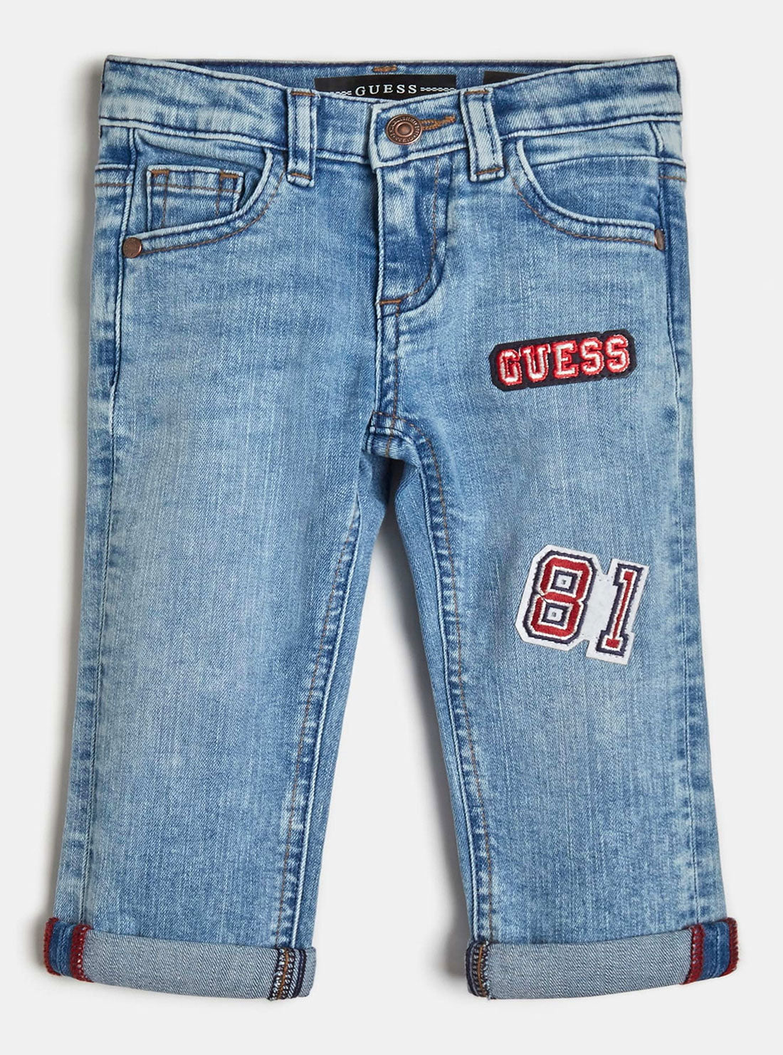 GUESS Little Boys Patch Denim Slim Pants In Blue Wash (2-7) N2RA04D46T0 Front View