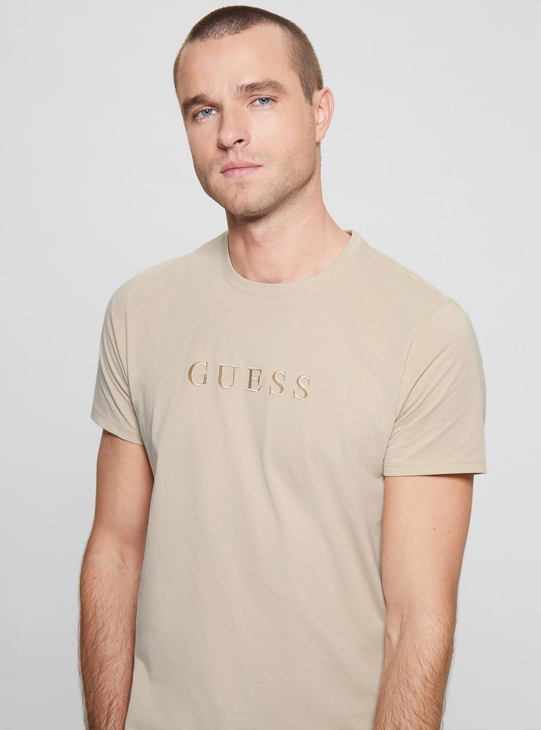GUESS Men's Beige Pima Logo T-Shirt M2BP47K7HD0 Front View