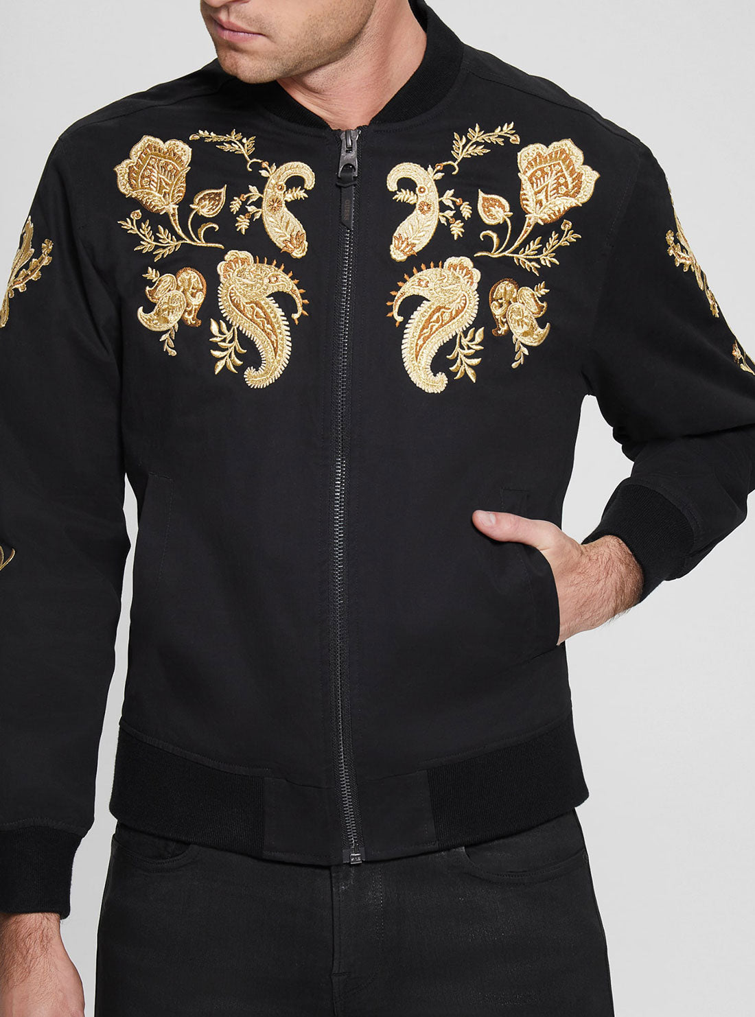 GUESS Men's Black Maxim Embroidered Bomber Jacket M3RL48RDYK0 Detail View