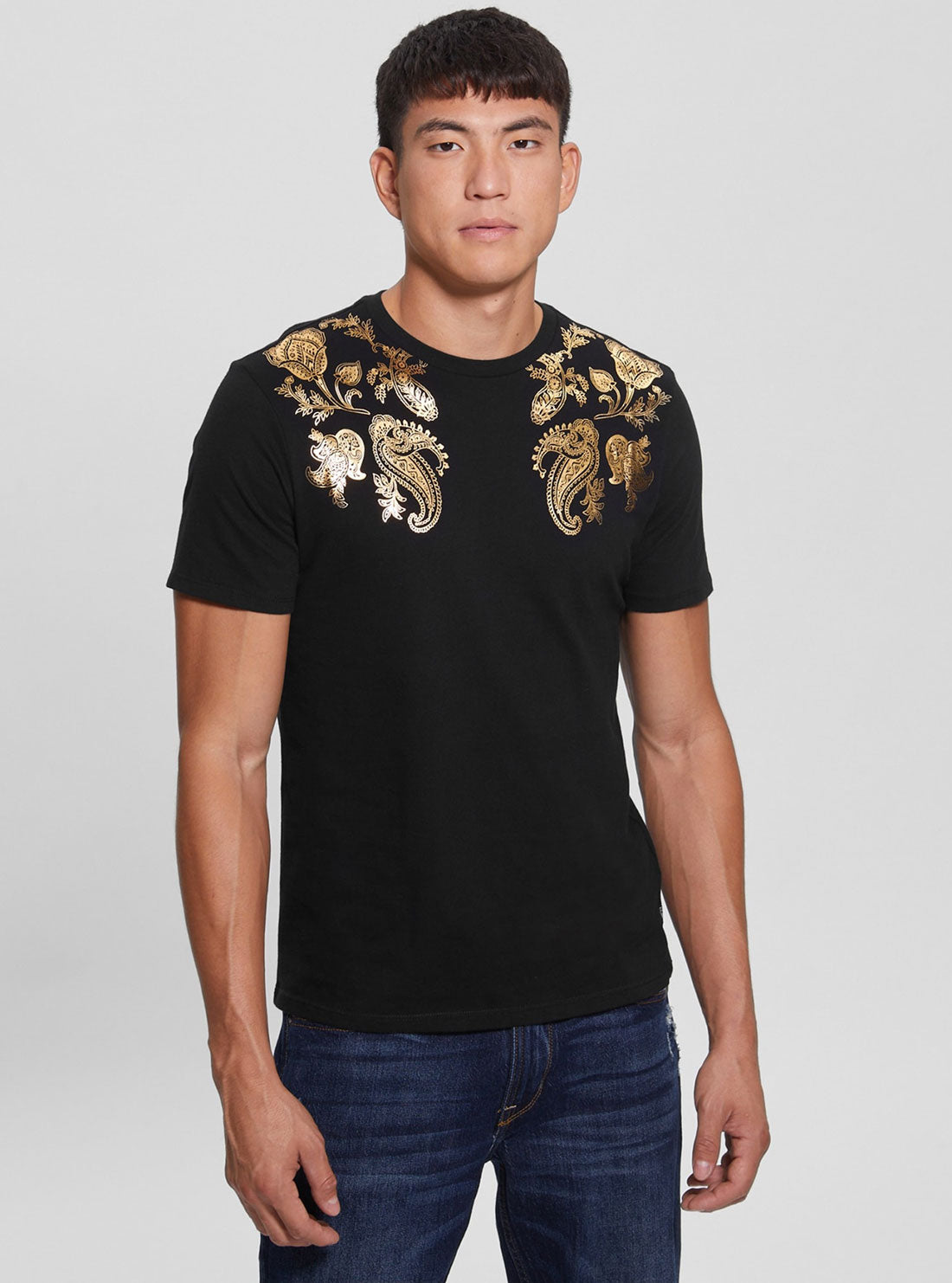 GUESS Men's Eco Black Gold Paisley T-Shirt M3RI73KBDK4 Front View