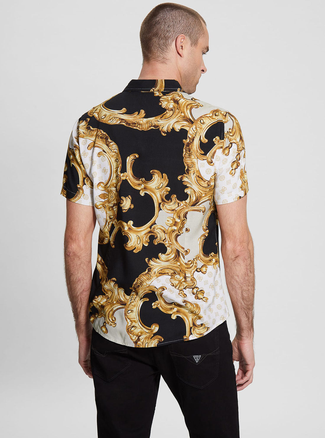 GUESS Men's Eco Gold Peony Print Rayon Shirt M3RH62WD4Z2 Back View