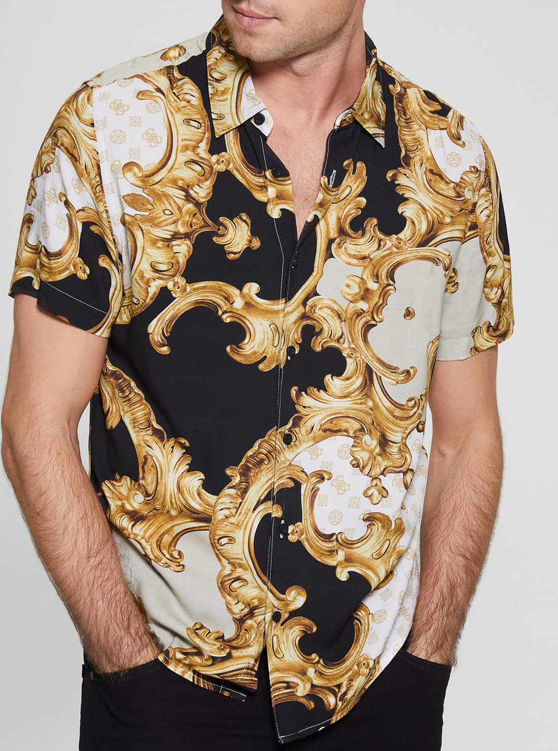 GUESS Men's Eco Gold Peony Print Rayon Shirt M3RH62WD4Z2 Detail View