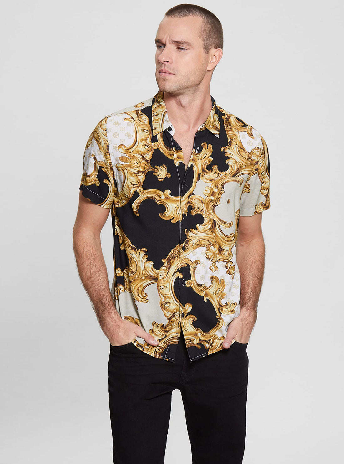 GUESS Men's Eco Gold Peony Print Rayon Shirt M3RH62WD4Z2 Side View