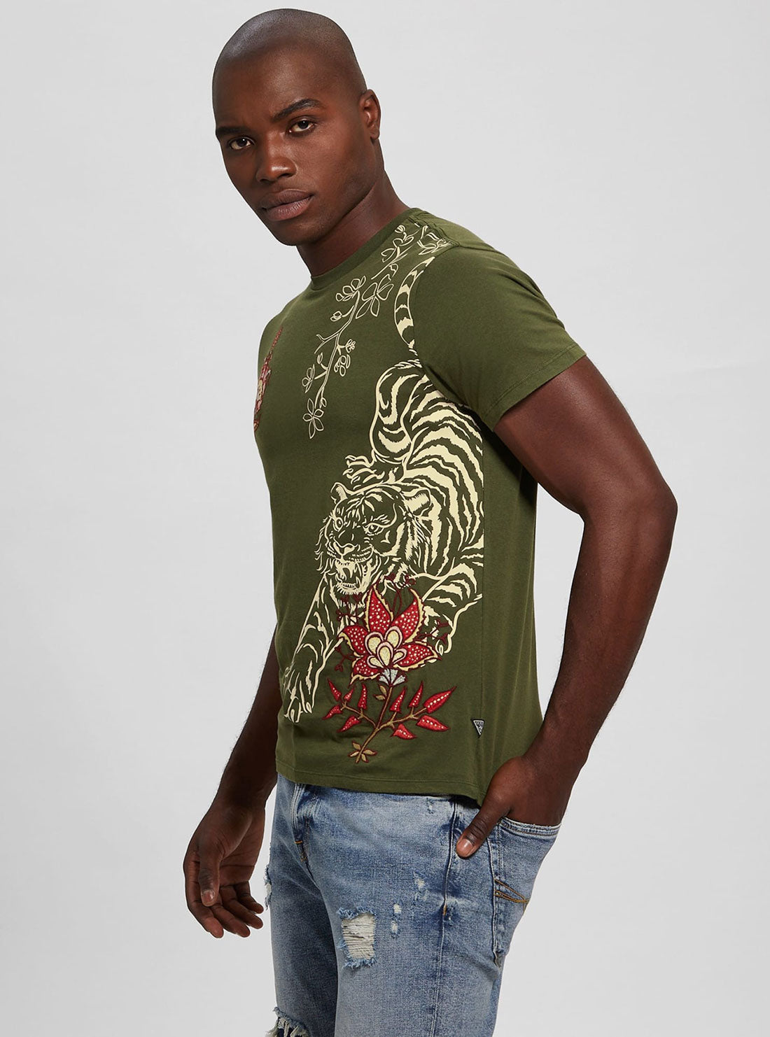 GUESS Men's Eco Green Tiger Floral T-Shirt M2BI83K9RM3 Side View