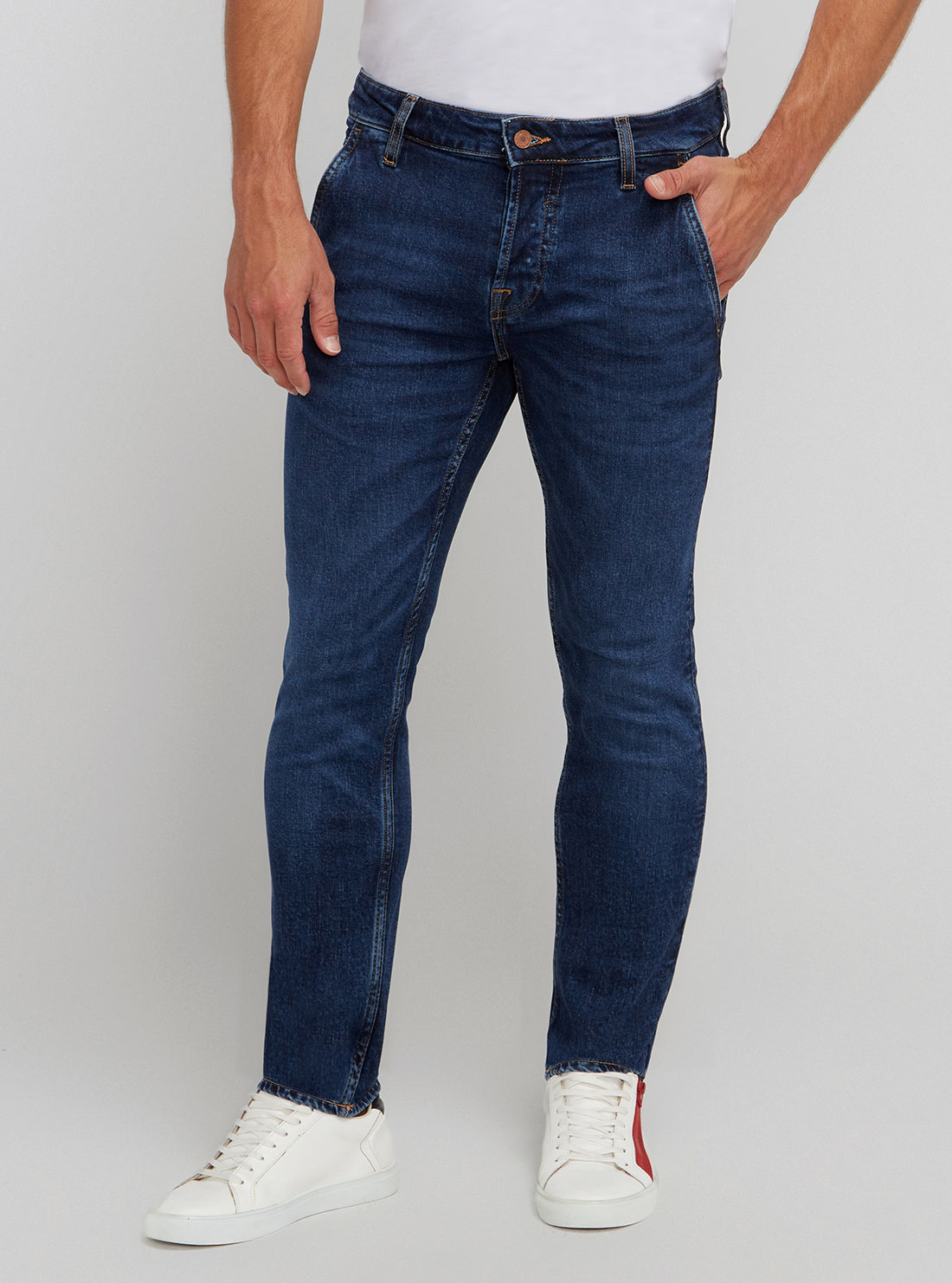 GUESS Men's Eco Low-Rise Skinny Adam Fly Denim Jeans In Reloop Wash M2BA05D4TB2 Front View