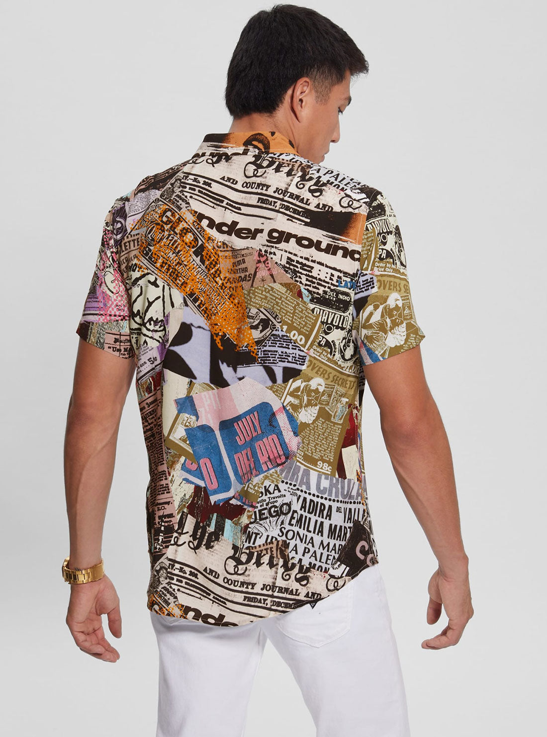 GUESS Men's Eco Newspaper Collage Rayon Shirt M3RH52WD4Z2 Back View