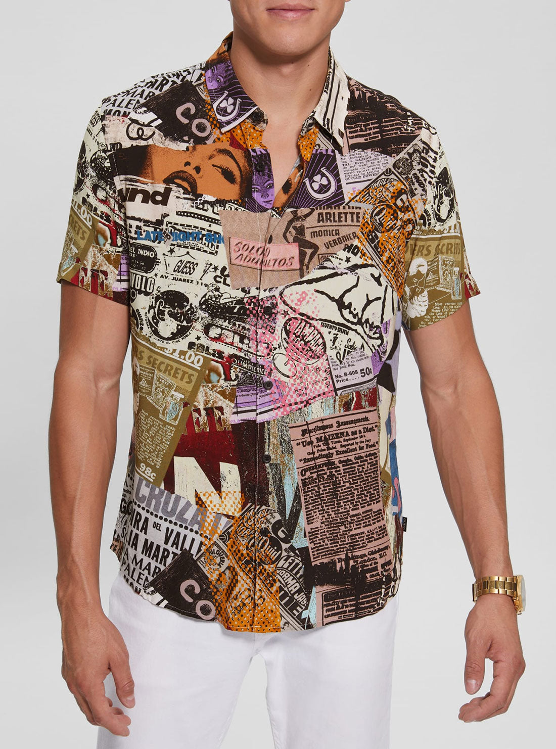 GUESS Men's Eco Newspaper Collage Rayon Shirt M3RH52WD4Z2 Detail View
