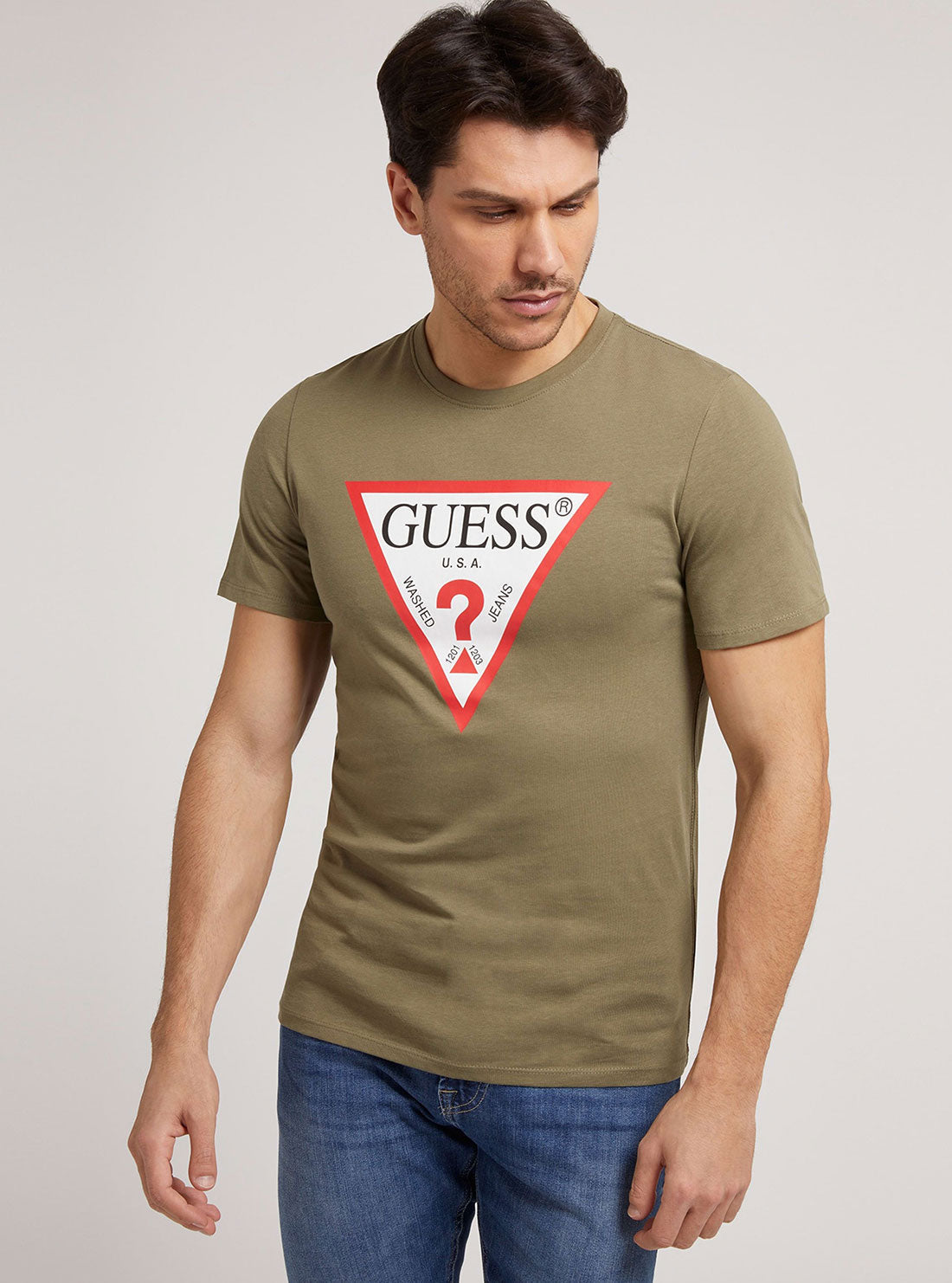 GUESS Mens Eco Desert Green Original Logo T-Shirt M1RI71I3Z11 Front View