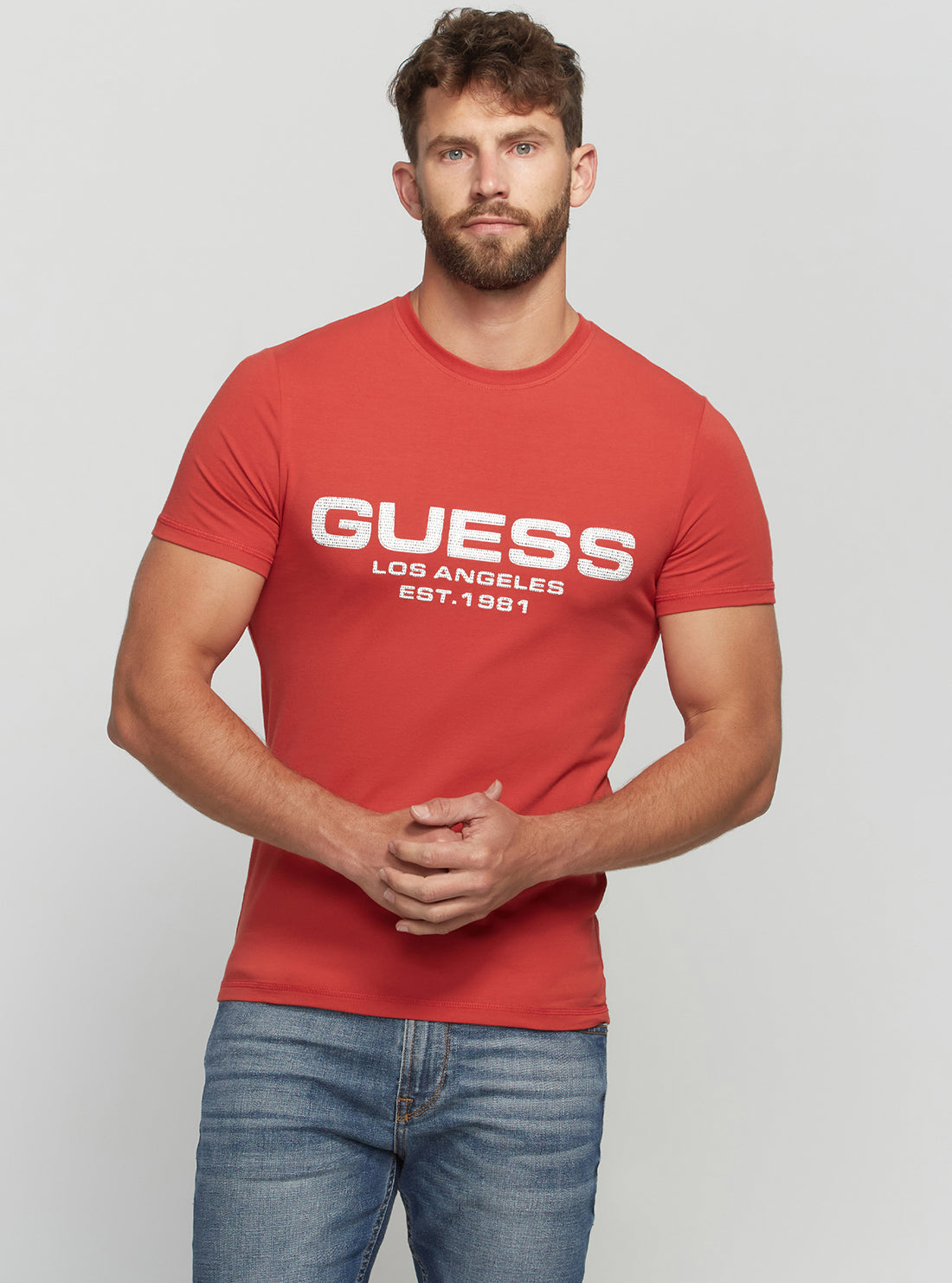 GUESS Men's Eco Red Bertil Logo T-Shirt M2BI25J1314 Front View