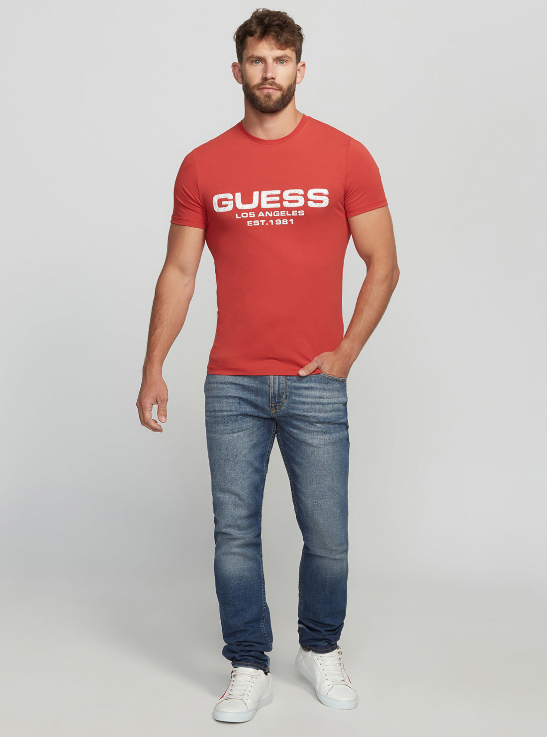 GUESS Men's Eco Red Bertil Logo T-Shirt M2BI25J1314 Full View