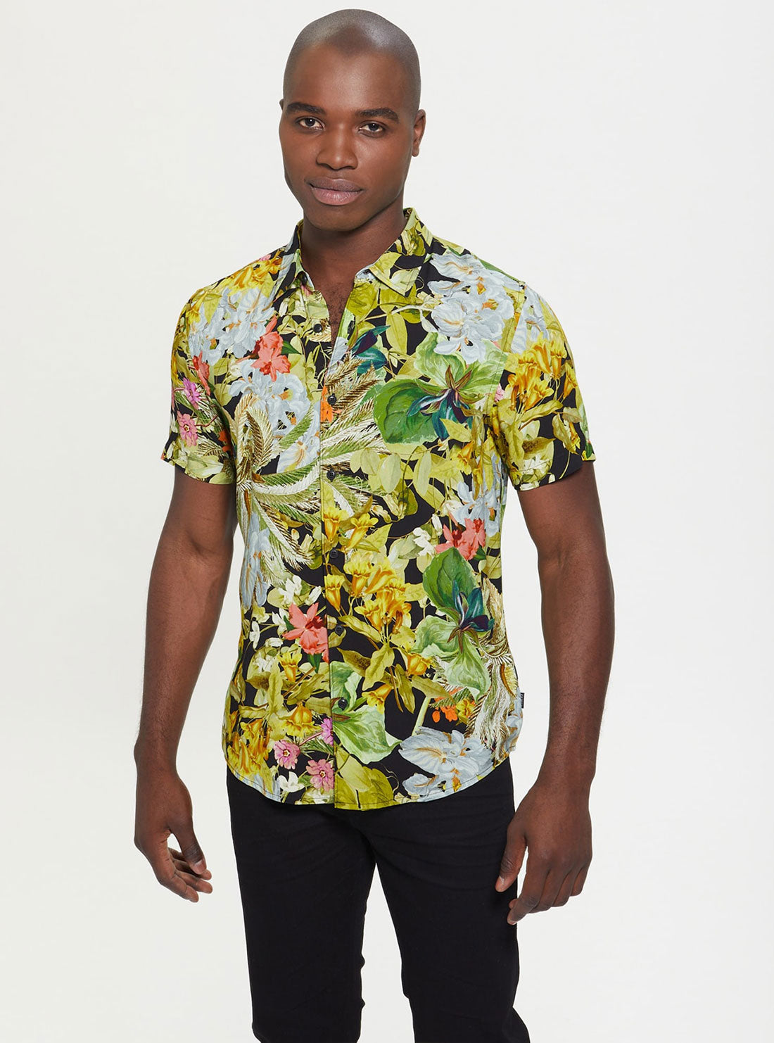 GUESS Men's Eco Storybook Floral Rayon Shirt M2BH22WD4Z2 Front View