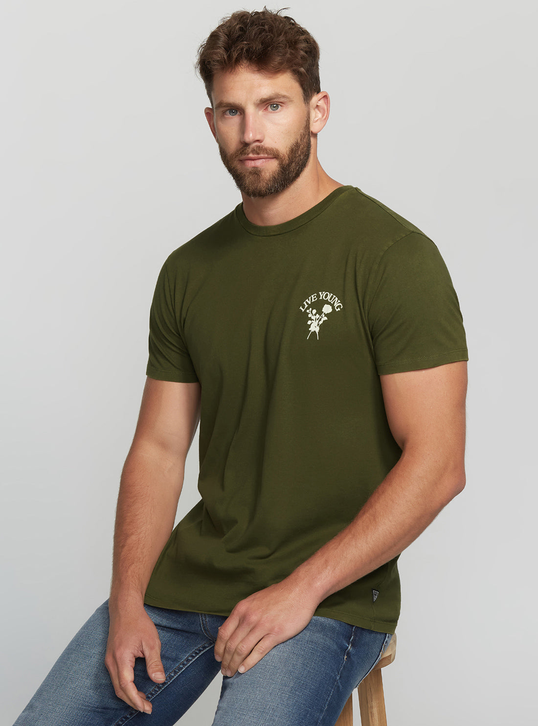 GUESS Men's Green Multi Live Young T-Shirt M2BI74KBDL0 Seated View