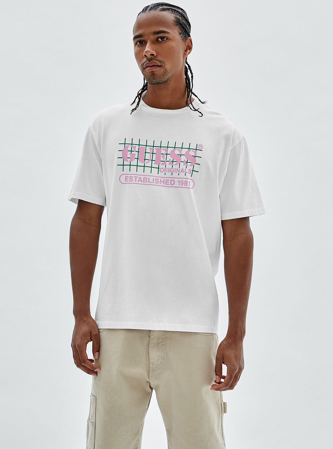 GUESS Men's Guess Originals White Grid Logo T-Shirt M1RI00K9Y40 Front View