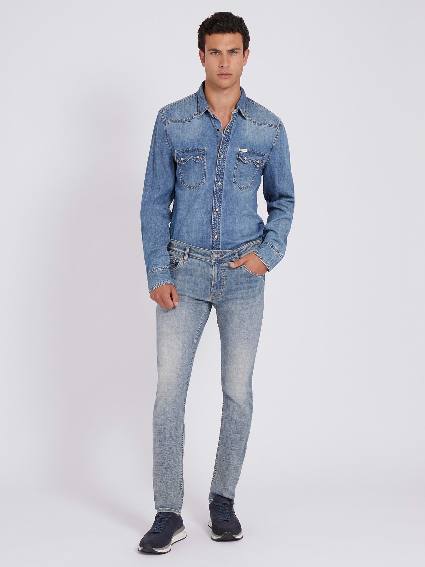 GUESS Men's Low-Rise Skinny Fit Miami Denim Jeans In Stream Wash M2YAN1D4G25 Full View