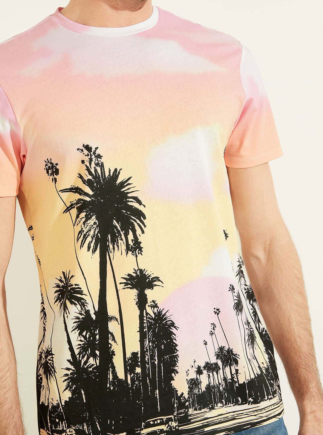 GUESS Men's Orange Resort Palm Tree T-Shirt M2YI05K9RM1 Detail View