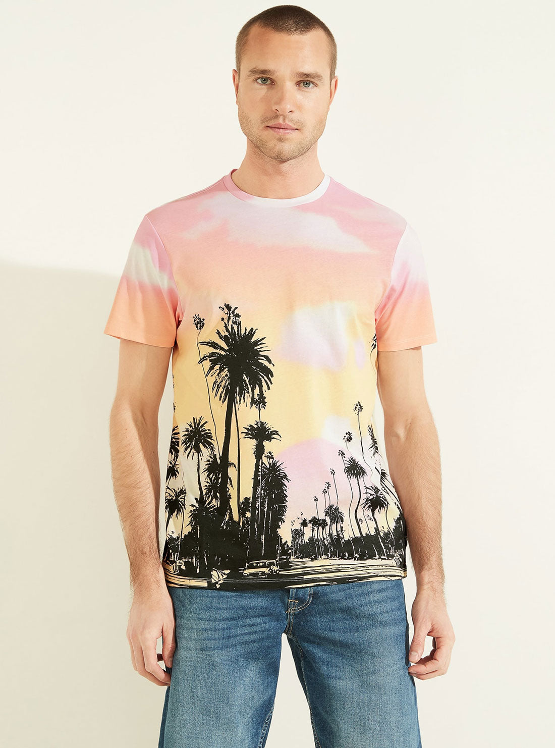 GUESS Men's Orange Resort Palm Tree T-Shirt M2YI05K9RM1 Front View