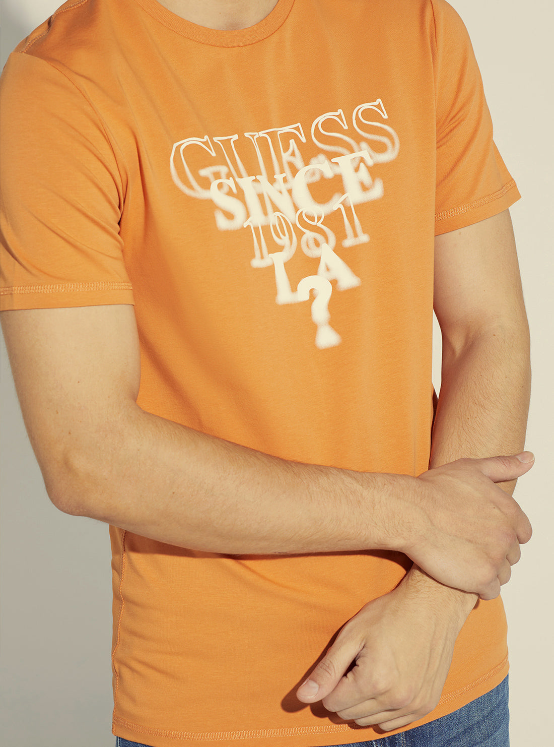GUESS Men's Saffron Peach Blurry Logo T-Shirt M2YI44J1311 Detail View