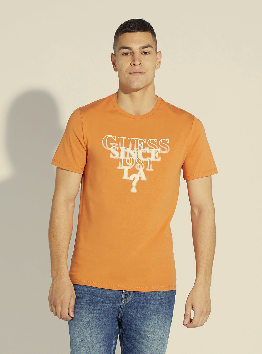 GUESS Men's Saffron Peach Blurry Logo T-Shirt M2YI44J1311 Front View
