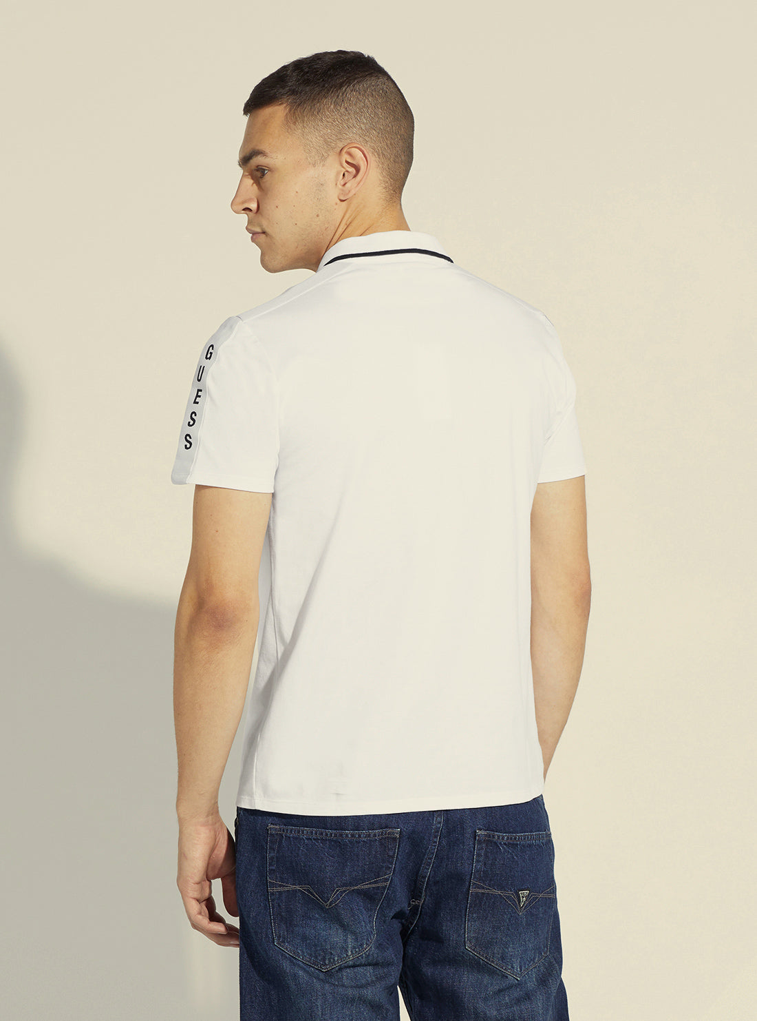 GUESS Men's White Paul Pique Tape Polo T-Shirt M2YP25KARS0 Back View