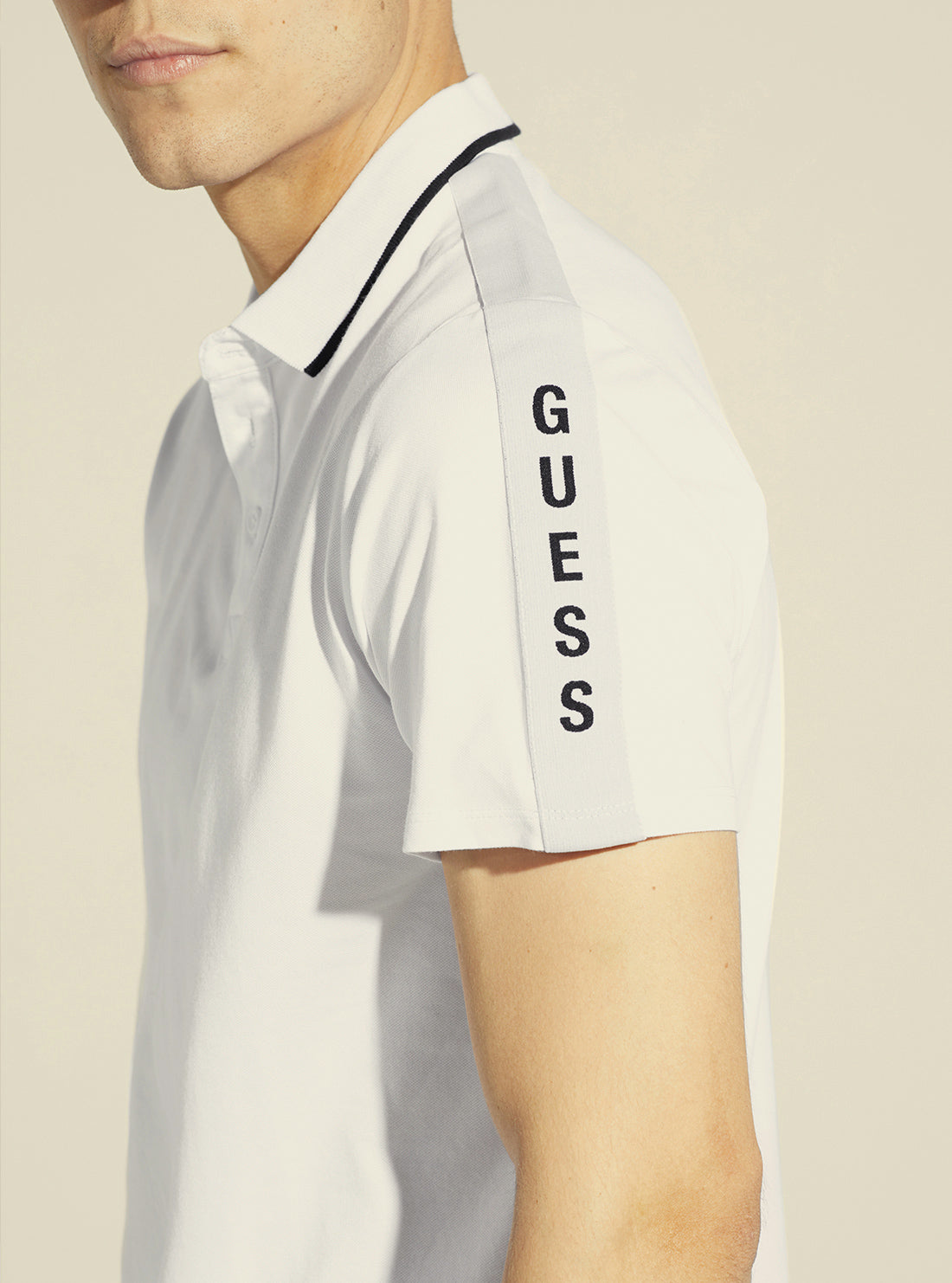 GUESS Men's White Paul Pique Tape Polo T-Shirt M2YP25KARS0 Detail View