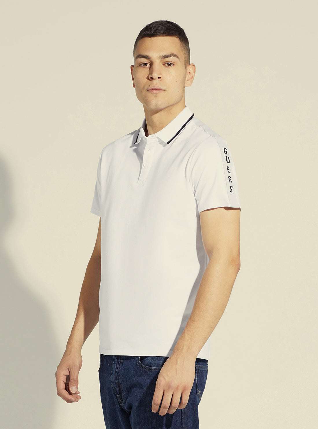 GUESS Men's White Paul Pique Tape Polo T-Shirt M2YP25KARS0 Side View