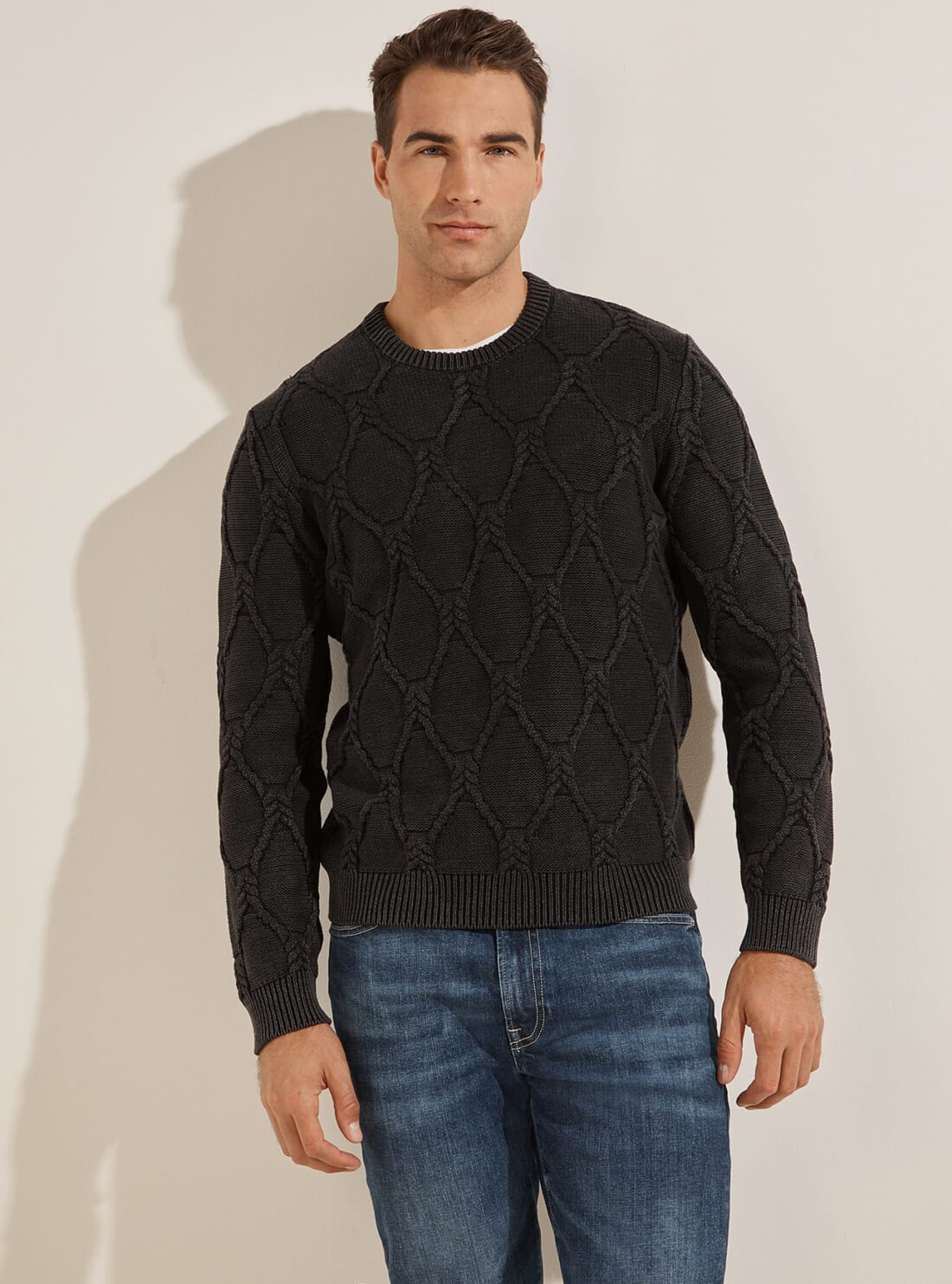 GUESS Mens Black Dawson Wash Cable Knit Sweater M1RR03Z1CX2 Model Front View