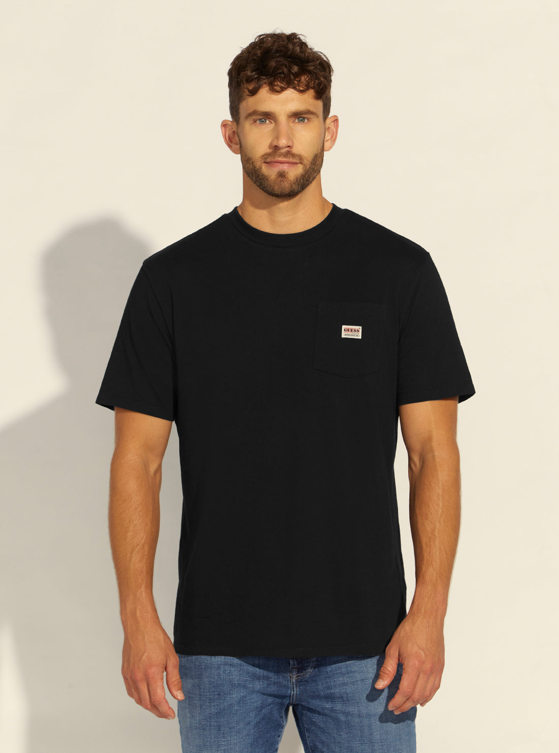 GUESS Mens Guess Originals Black Pocket Label T-Shirt M1BI43K9XF1 Model Front View
