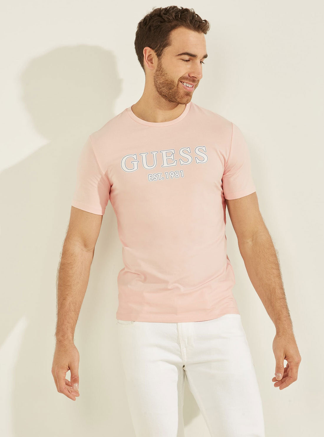 GUESS Mens Eco Blush Pink Point Logo T-Shirt M2GI21J1311 Front View