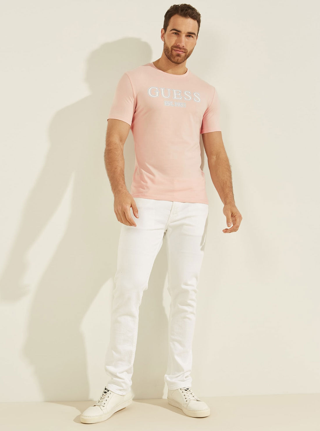GUESS Mens Eco Blush Pink Point Logo T-Shirt M2GI21J1311 Full View
