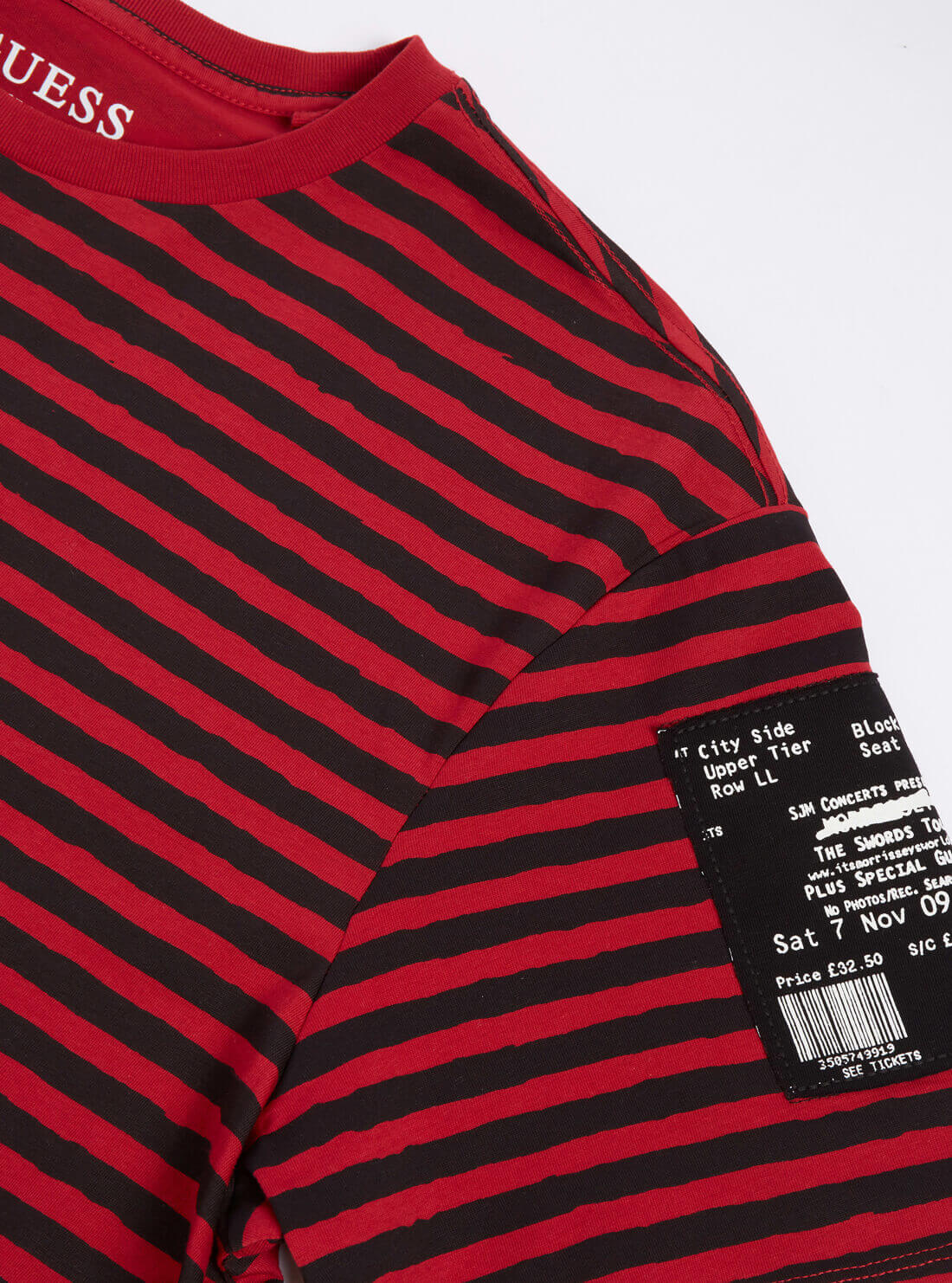 GUESS Mens Eco Red Stripe LA Nights T-Shirt MBRI25K8HA6 Sleeve Detail View