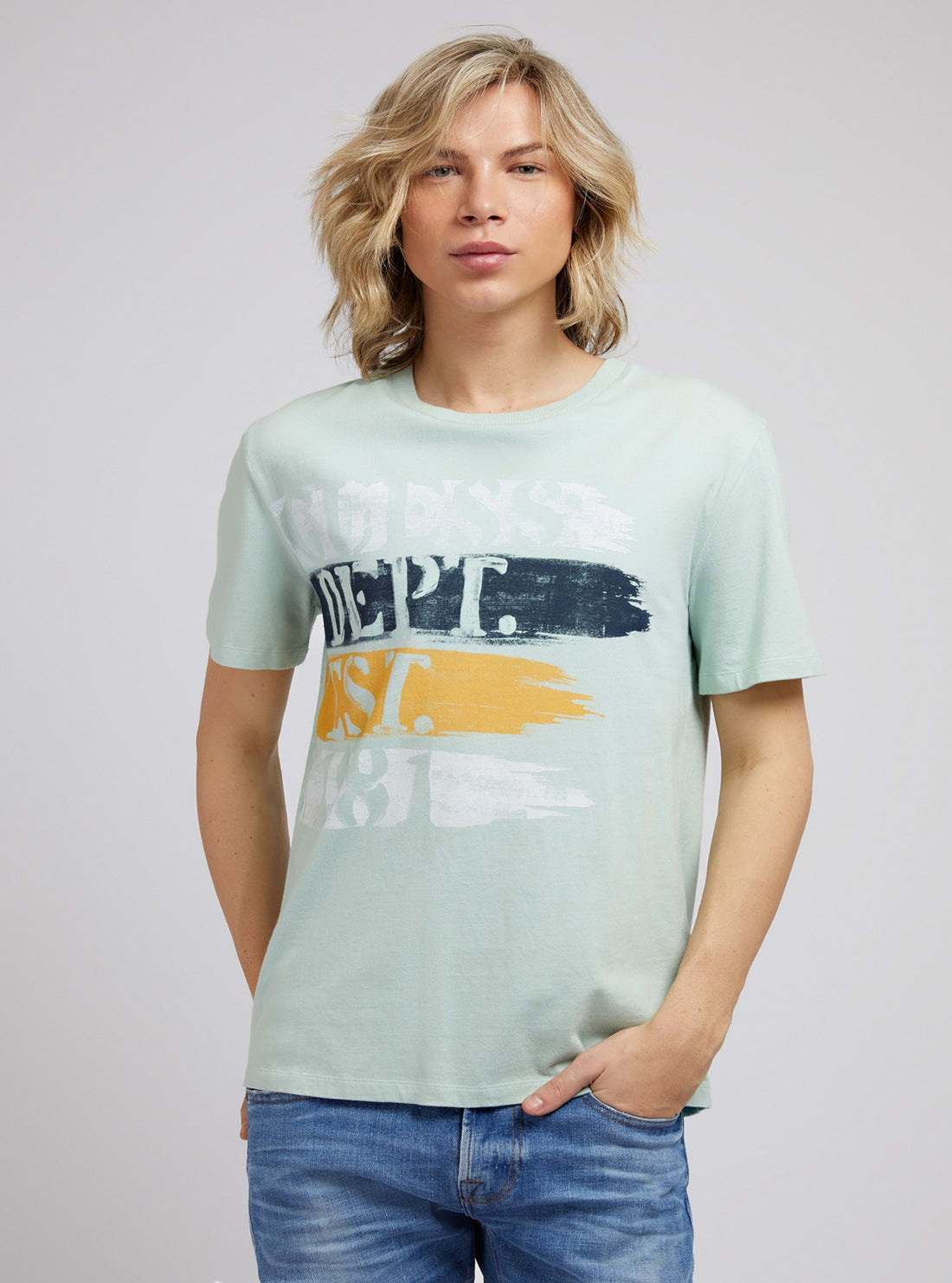 GUESS Mens Eco Soft Mint Painty Logo T-Shirt M2RI21K8FQ1 Front View