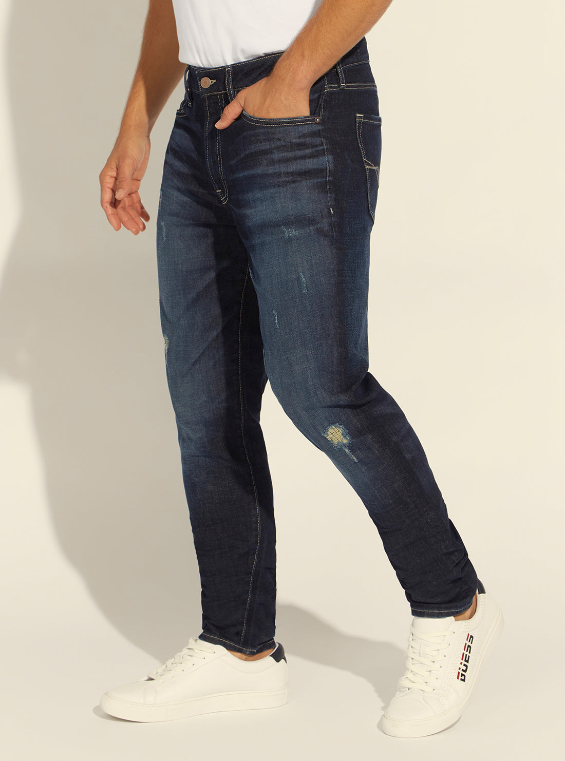 GUESS Mens Mid-Rise Slim Tapered Drake Denim Jeans in Dark Conifer Wash M1BA37D4HR1 Side View