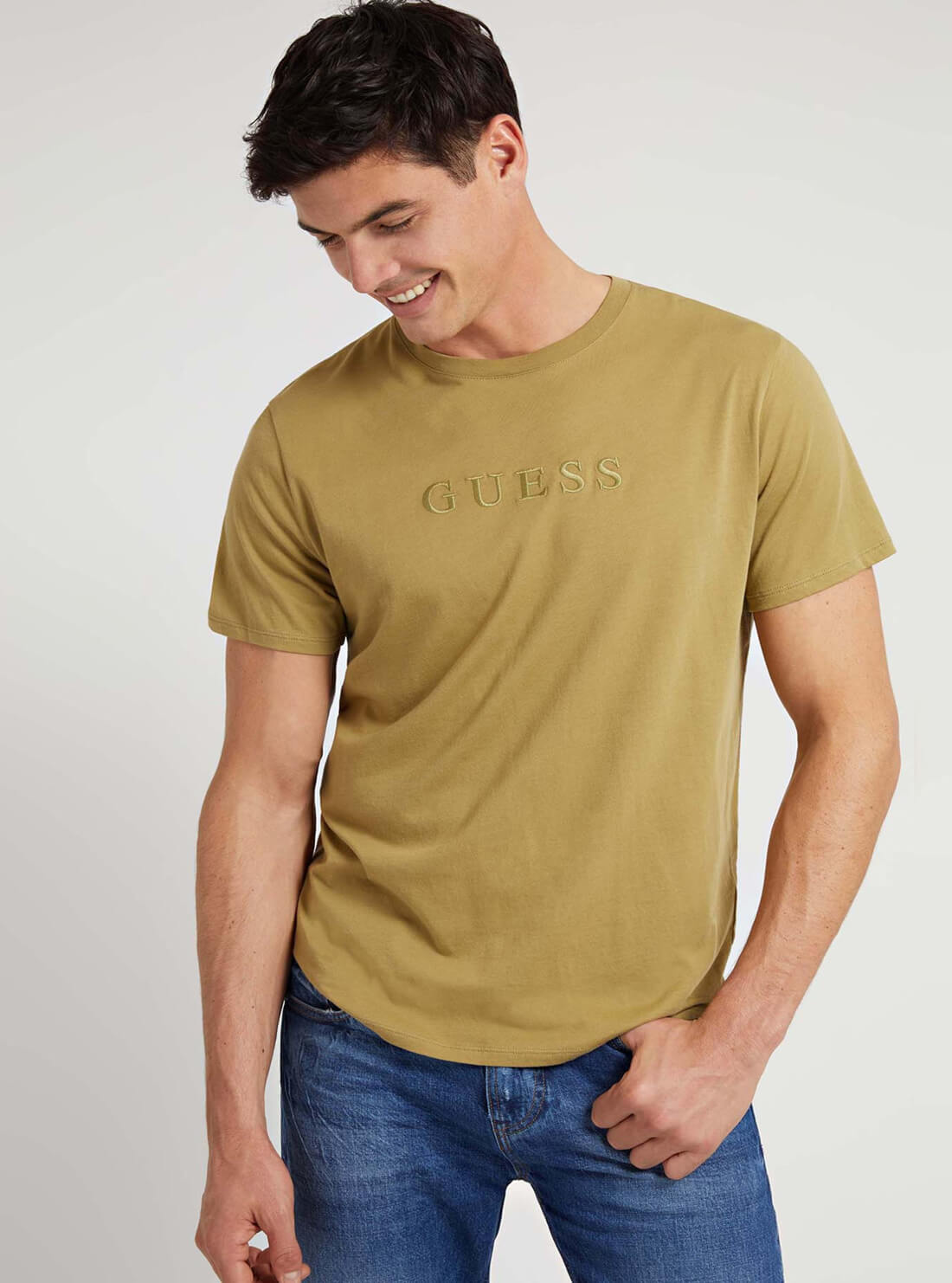 GUESS Mens Mustard Green Pima Logo Crew Neck Tee M82P64R7HD0 Front View