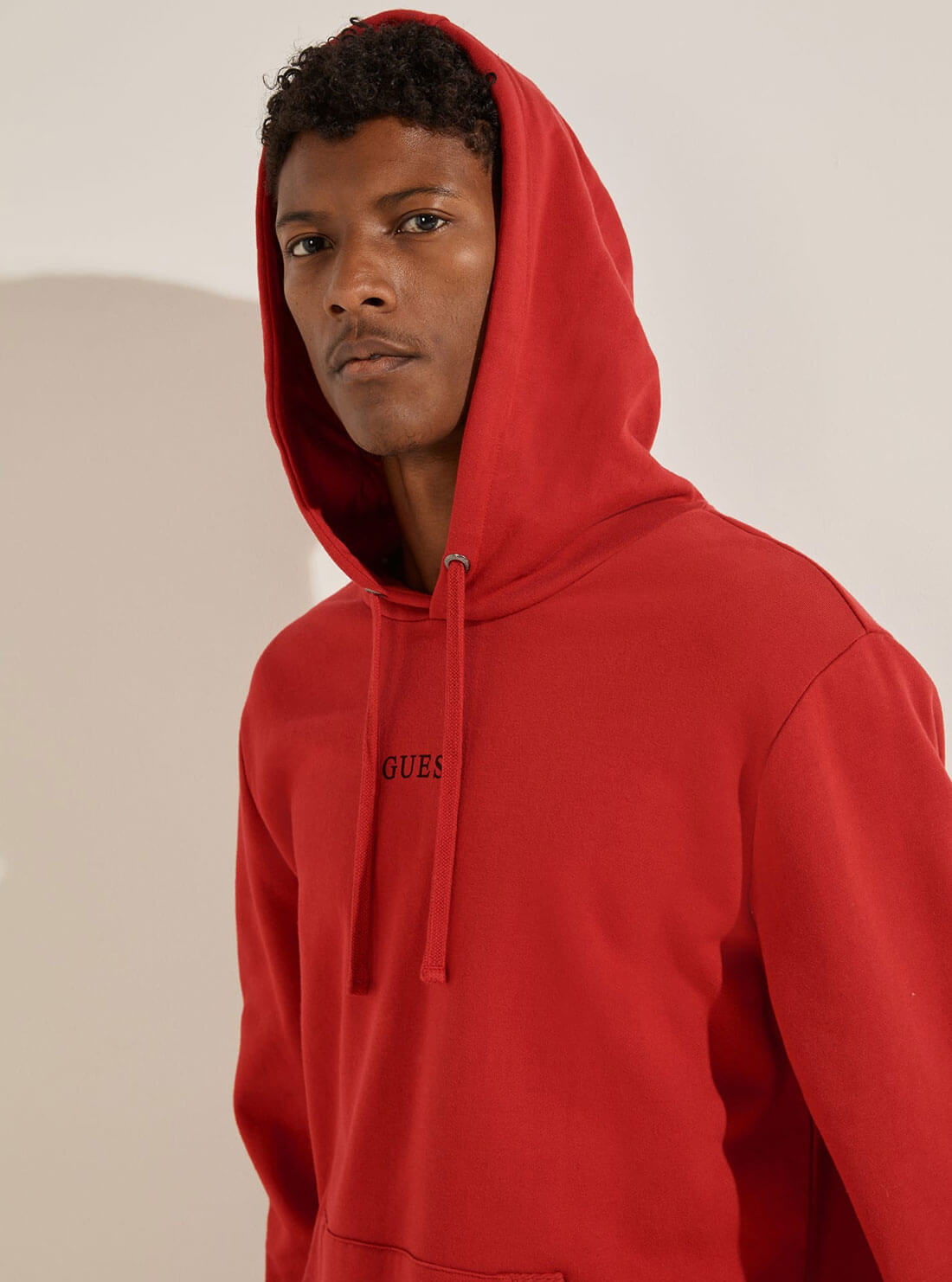 GUESS Mens Eco Red  Roy Embroidered Logo Hoodie M0GQ03R44Q7 Hood View