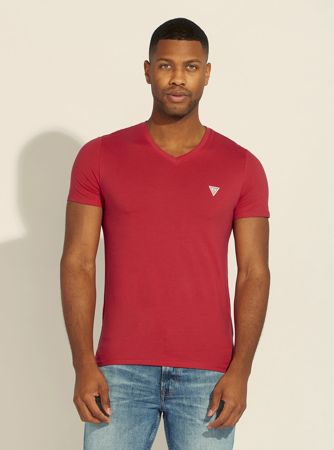 GUESS Mens Eco Red V-Neck Basic T-Shirt M1RI37I3Z11 Front View