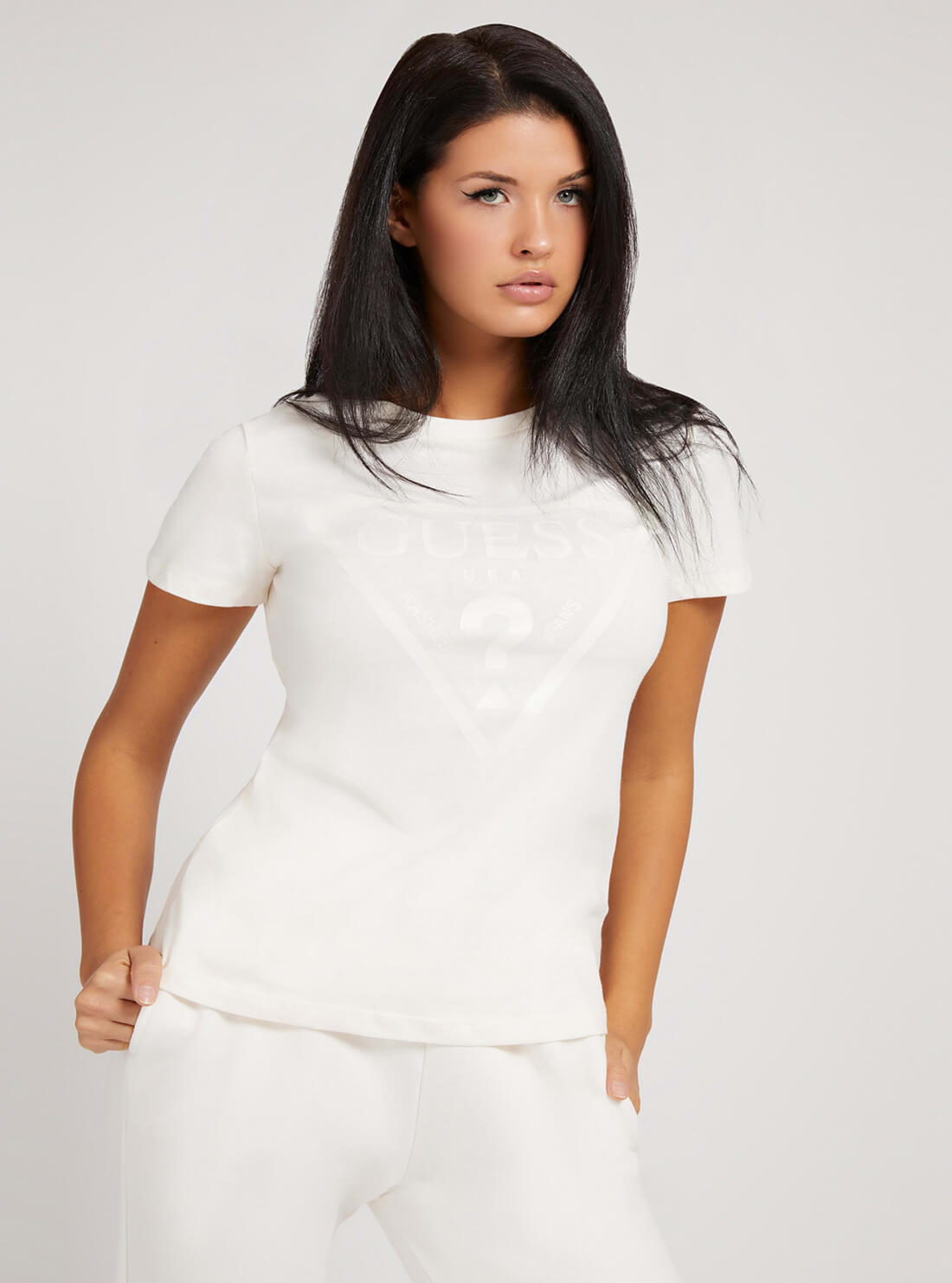 GUESS Womens Eco White  Adele Triangle Logo T-Shirt V2RI13K8HM0 Front View