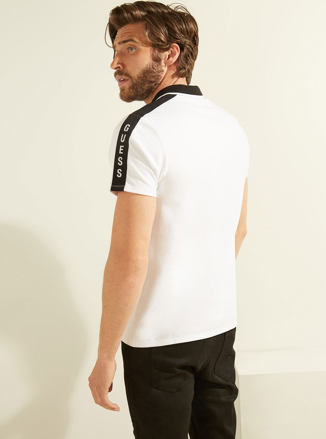 GUESS Mens White Pique Logo Taping Polo T-Shirt M91P71R7PU0 Back View