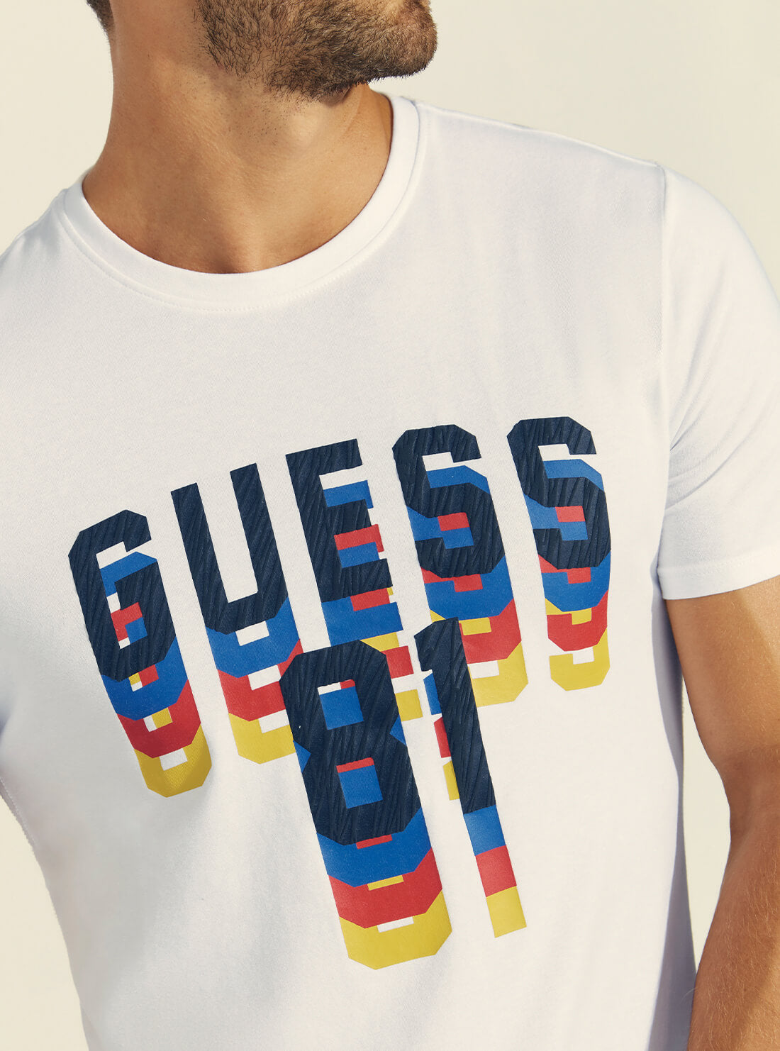 GUESS Pure White Dripping Logo Mens Tee Close Model View