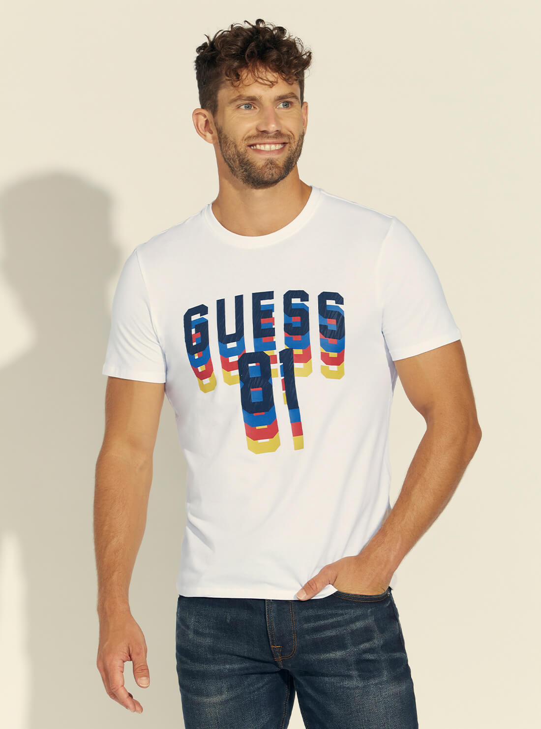 GUESS Pure White Dripping Logo Mens Tee Front Model View