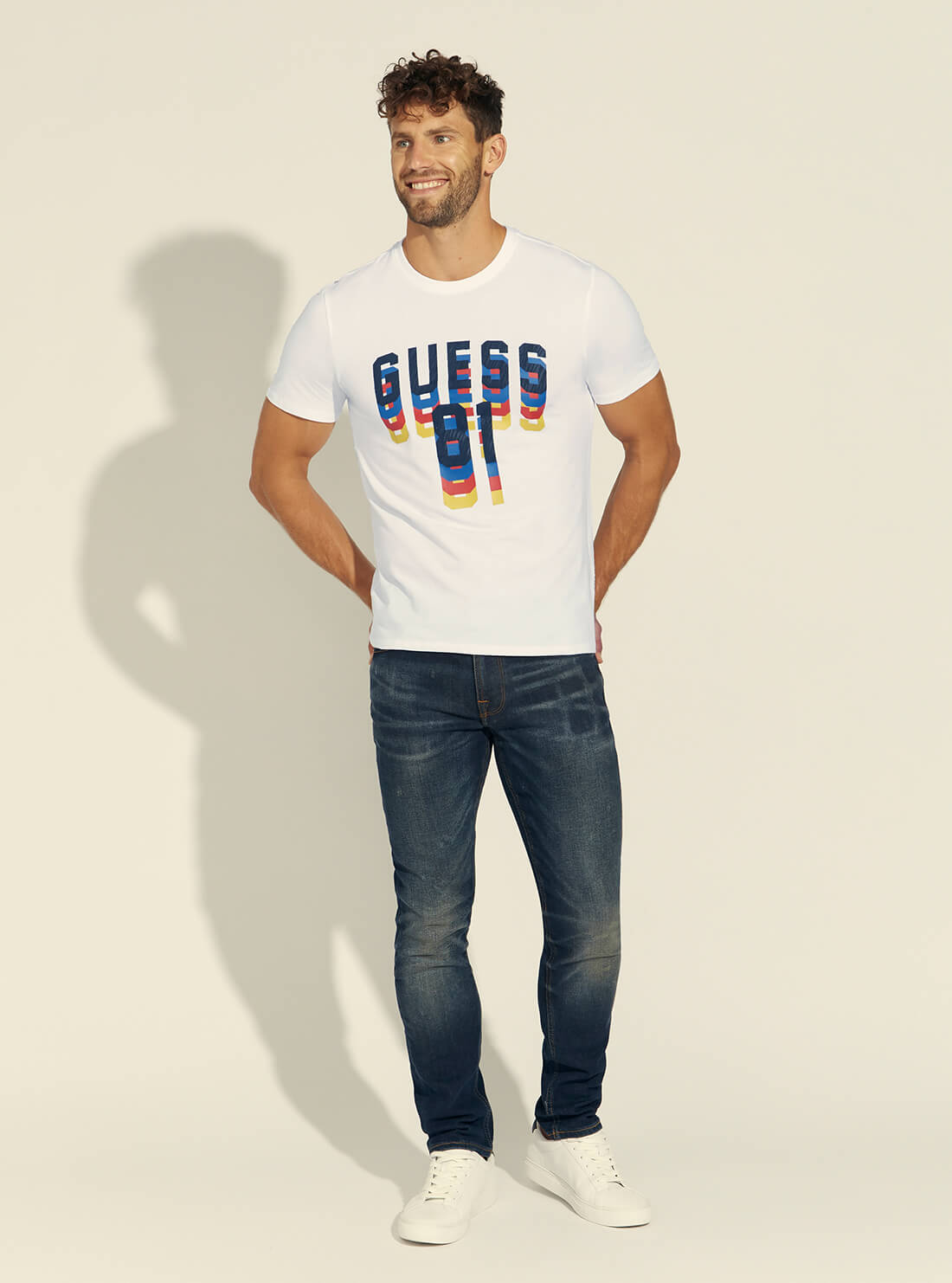 GUESS Pure White Dripping Logo Mens Tee Full Model View