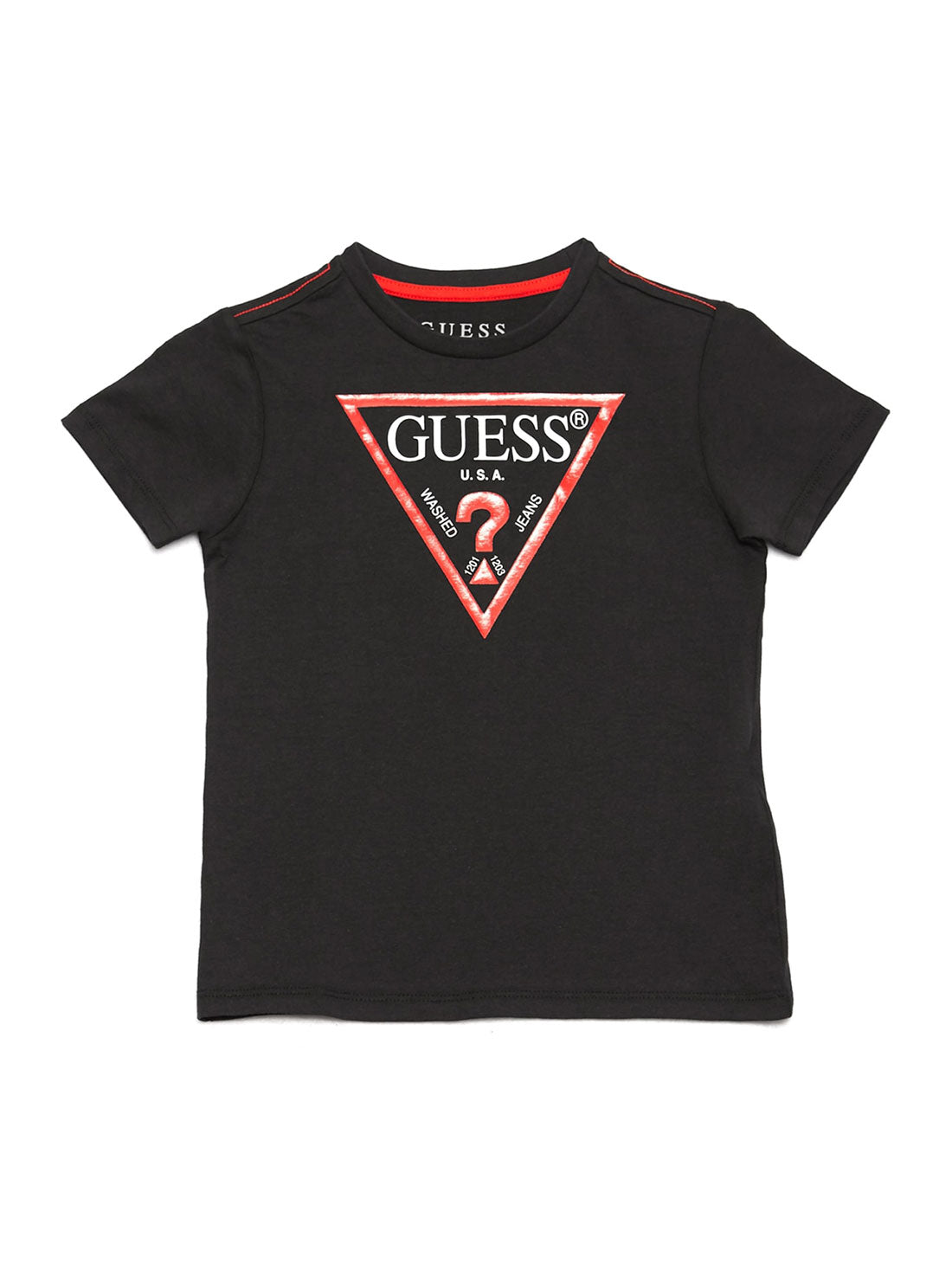 GUESS Little Boys Black Short Sleeve Triangle Logo Tee (2-7)  N73I55K5M20 Front View